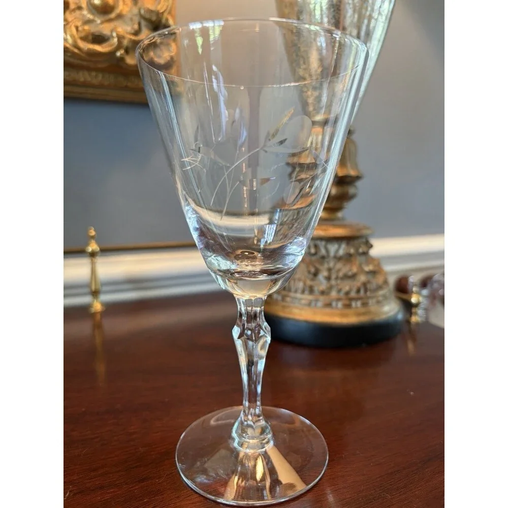 8 Vintage Signed Fostoria Sweetheart Rose Crystal Water Goblets Glasses 7